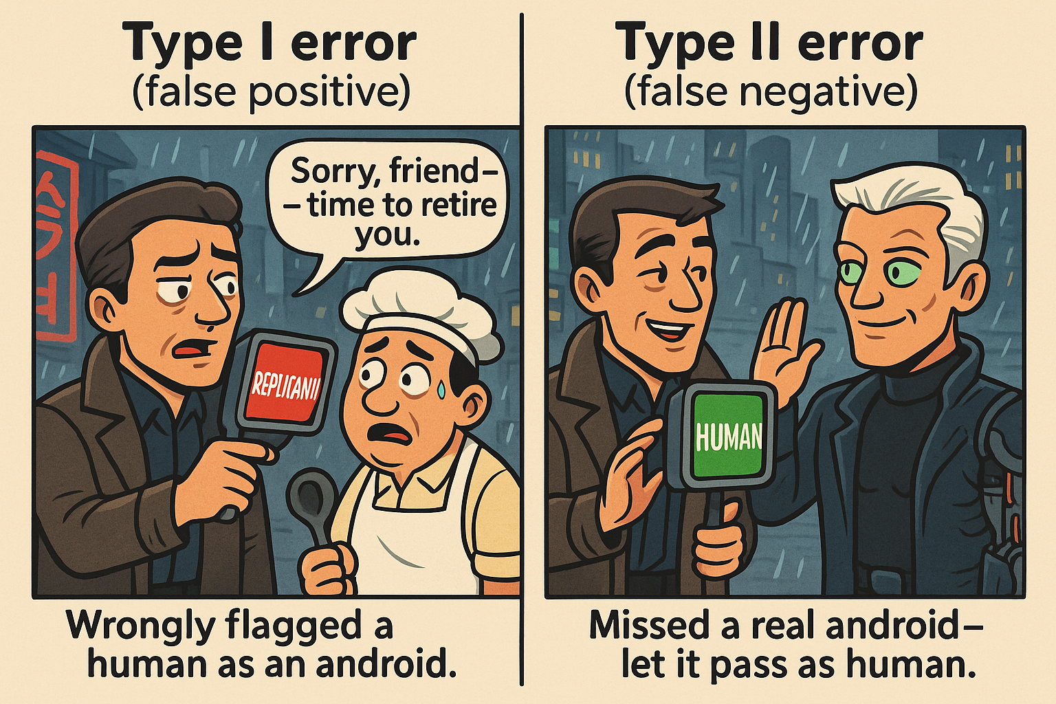 Type I and Type II Errors illustrated with replicant detection. Credits: gpt-4o.