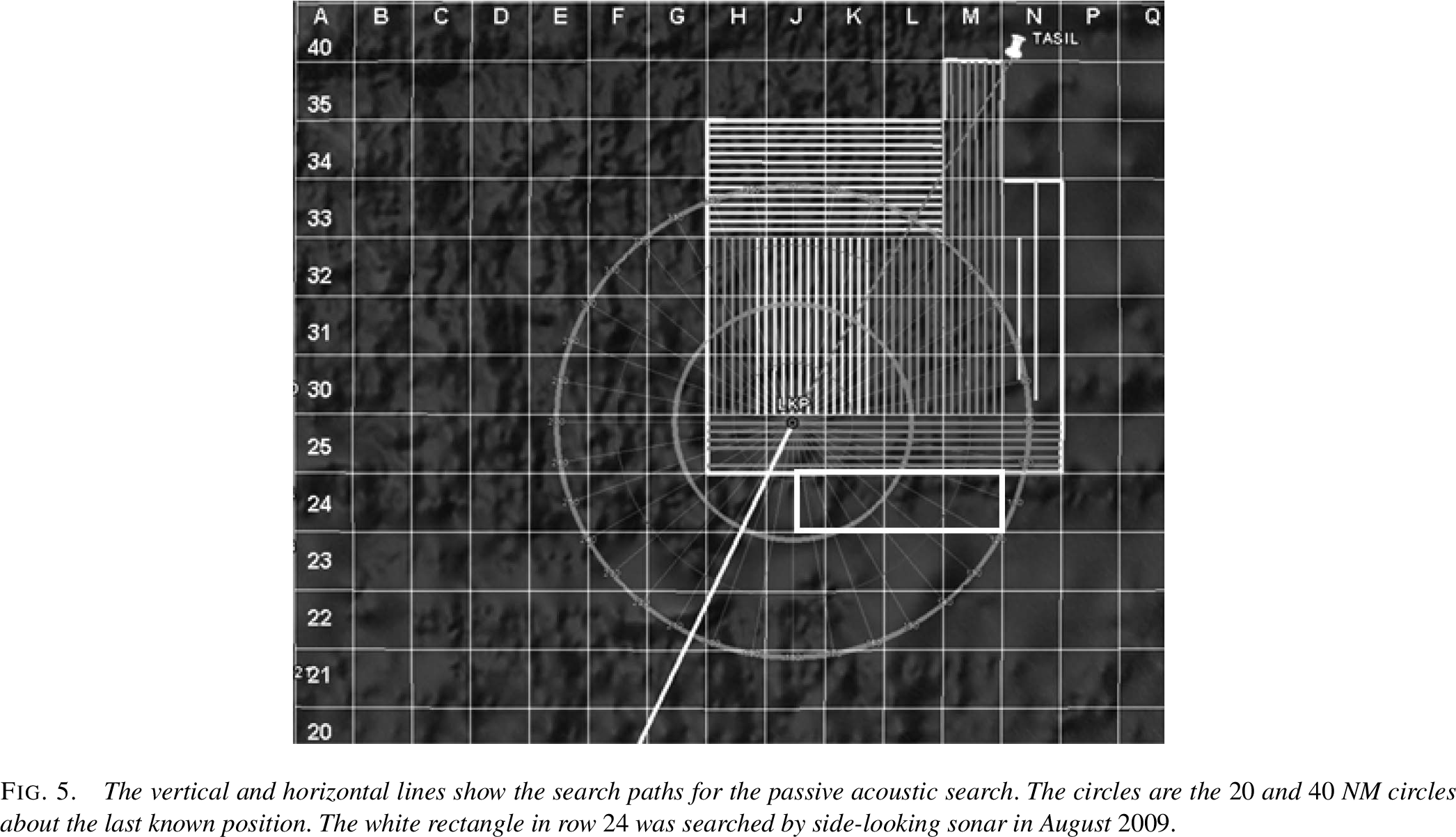 The vertical and horizontal search lines showing the passive acoustic search paths for the flight recorder beacons. The circles show the 20 and 40 NM radius from the last known position. Figure from Stone et al. (2014).