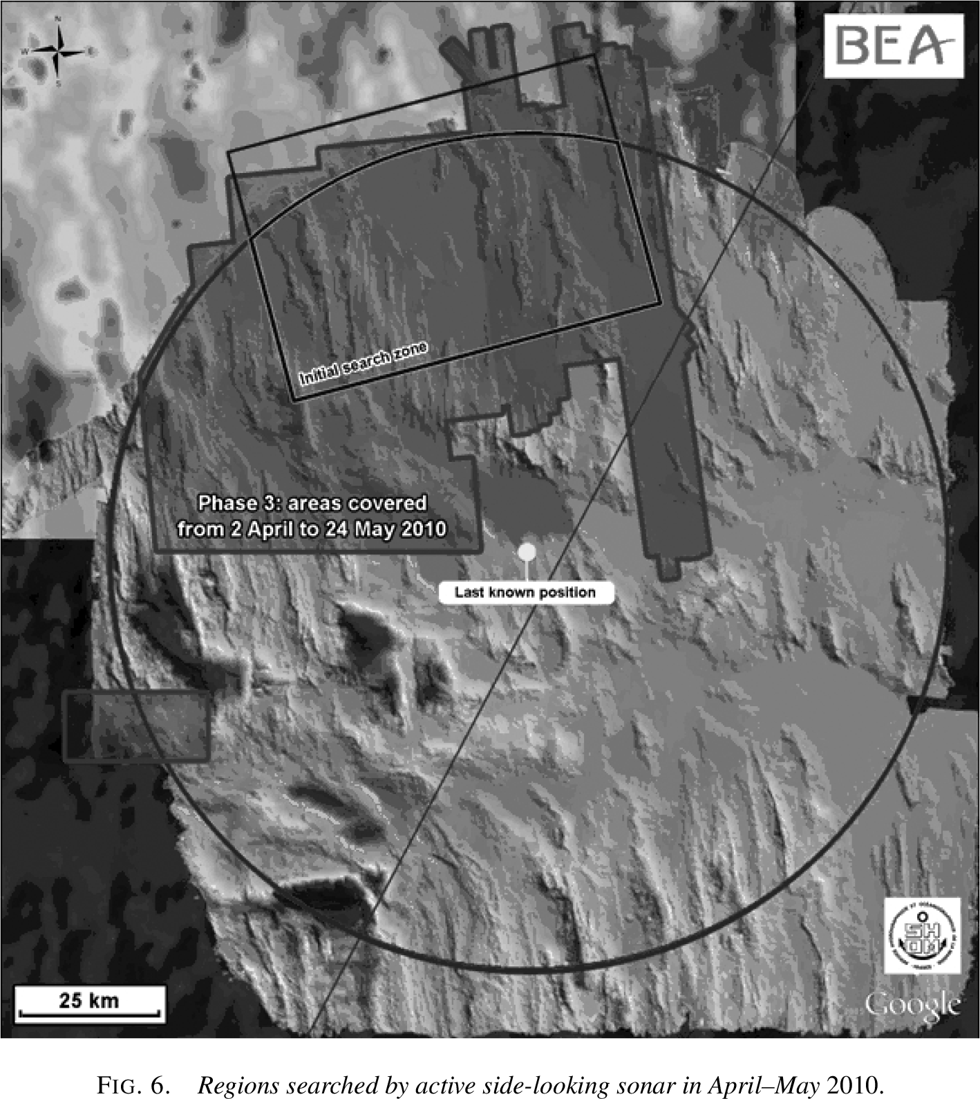 Regions searched by active side-looking sonar. The small rectangle shows the limited August 2009 coverage, while the larger areas show April-May 2010 coverage. Figure from Stone et al. (2014).
